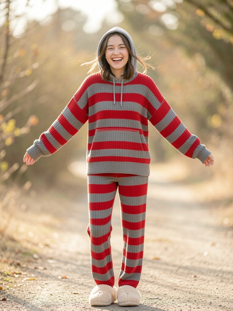 Mulher jovem em suéter listrado vermelho e cinza e calça combinando, braços abertos, sorrindo, fundo desfocado com luz natural suave.