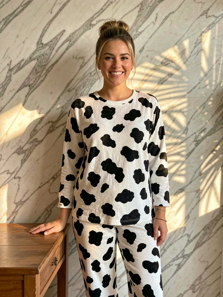 Mulher sorrindo em pijama de oncinha branco e preto contra parede de mármore texturizada, mesa de madeira em primeiro plano, luz natural quente.