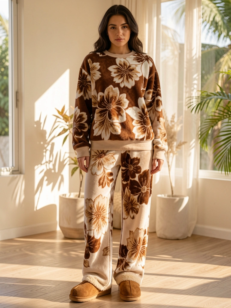 Moça de moletom fleece com estampa floral em marrom e bege, calça combinando e chinelo de camurça, luz natural suave.