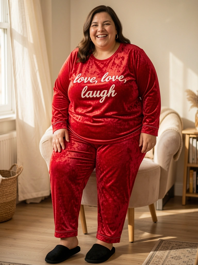 Mulher plus size sorrindo em pijama de veludo vermelho com inscrição, luz natural e sapatilhas pretas.
