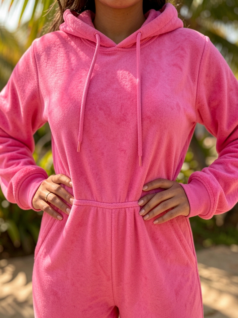 Macacão rosa vibrante com capuz em tecido felpudo, mulher com mãos nos quadris, luz natural, fundo desfocado com folhagens tropicais.