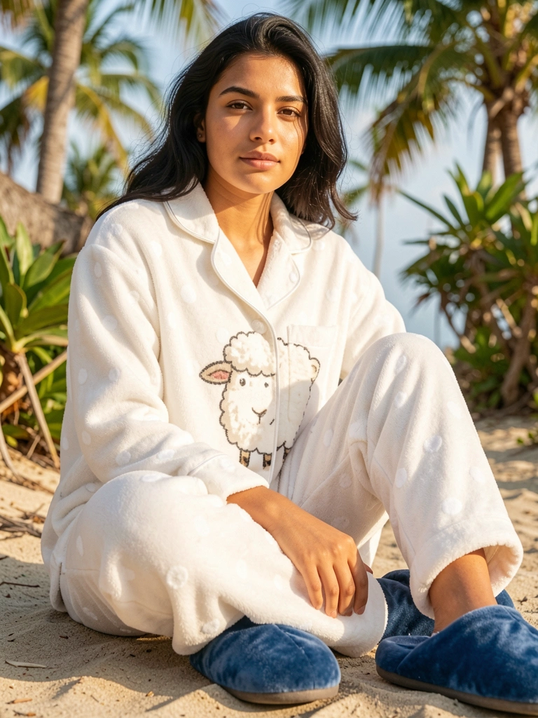 Detalhe do pijama de flanela branca com estampa de ovelha e bolinhas, mulher de cabelo escuro usando chinelos de veludo azul, luz natural e fundo desfocado.