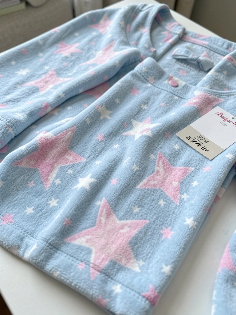 Pijama azul claro estampado com estrelas rosa e brancas, tecido macio sobre superfície branca, etiqueta BagsoMix visível.