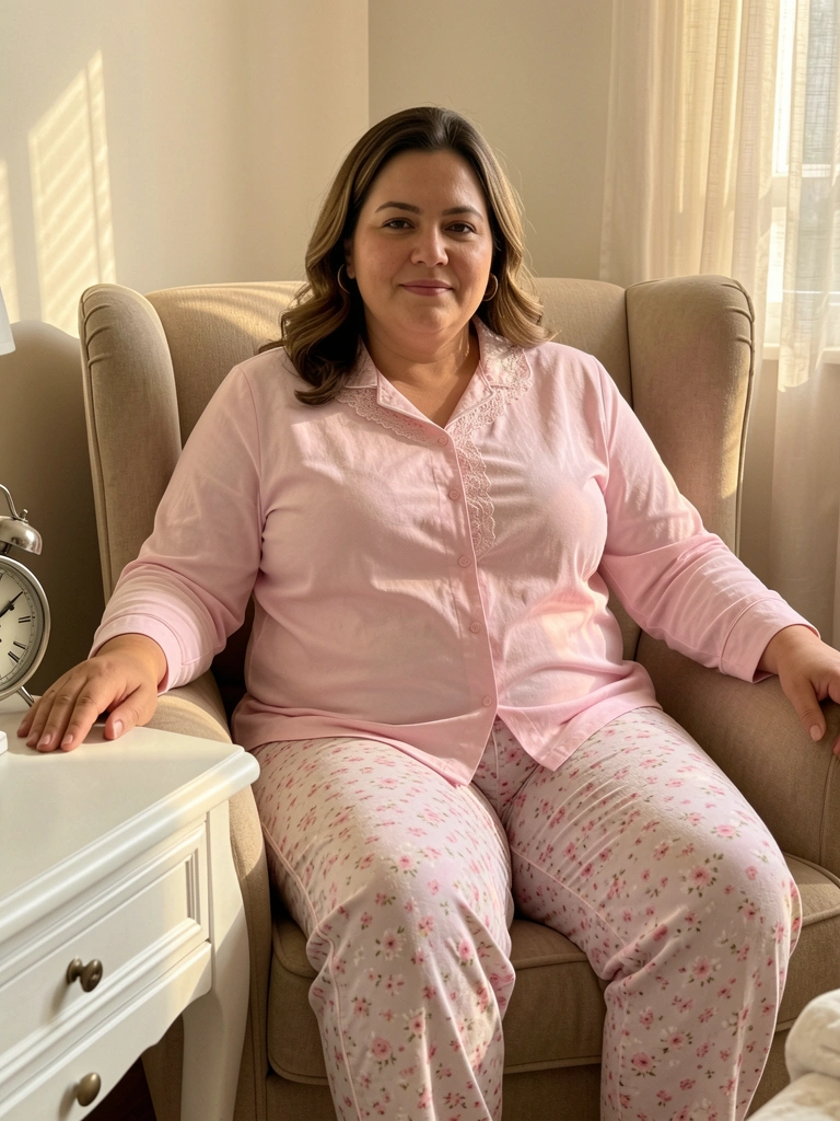 Pijama de algodão rosa claro com gola rendada e calça floral, mulher plus-size sentada em poltrona bege, luz natural suave e relógio sobre criado-mudo branco.