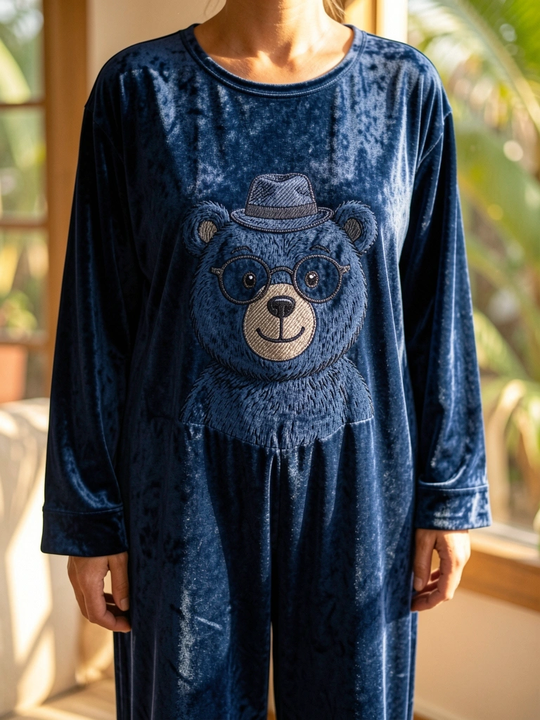 Macacão de veludo azul marinho com estampa de urso de óculos e chapéu, luz natural suave ao fundo.
