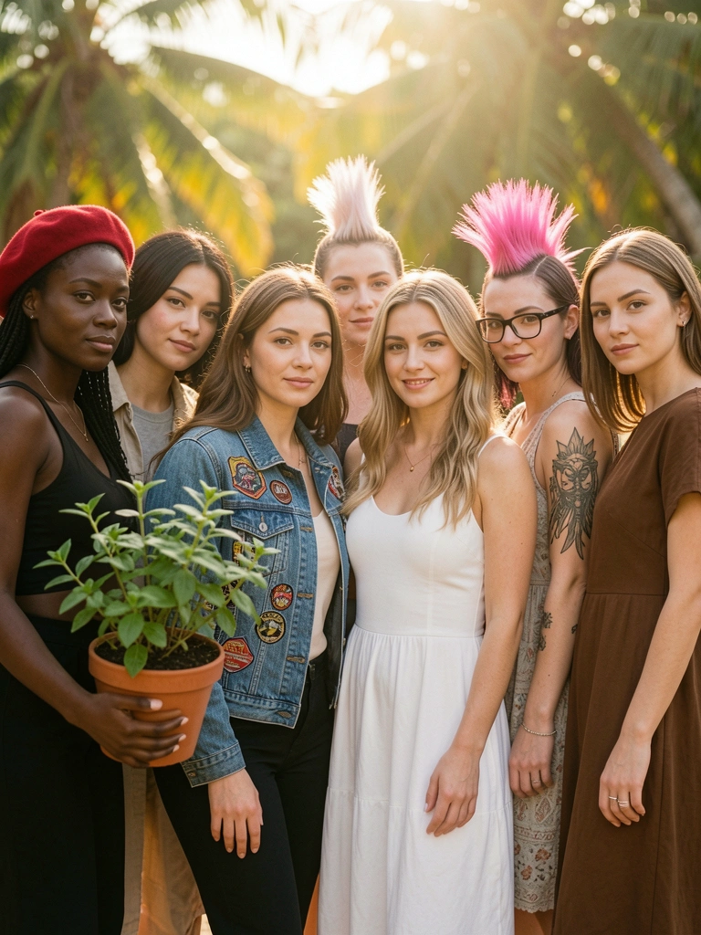 Mulheres diversas em grupo, uma com boina vermelha, outra com planta em vaso, jaqueta jeans com patches, vestido branco, moicano rosa, óculos, tatuagem e vestido marrom, luz natural tropical ao fundo.