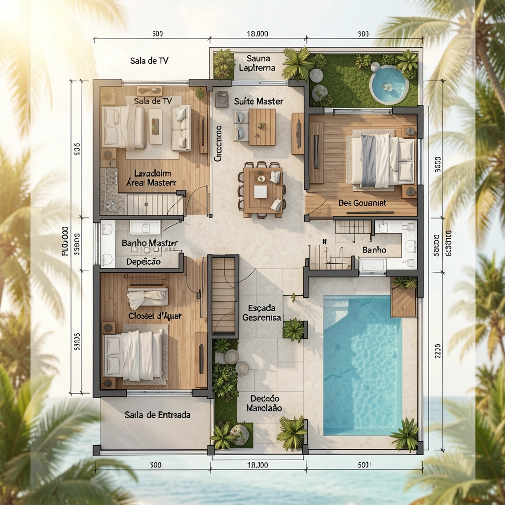 Planta baixa detalhada de casa moderna com salas, cozinha, quartos, áreas externas, garagem e piscina, sob luz natural tropical.