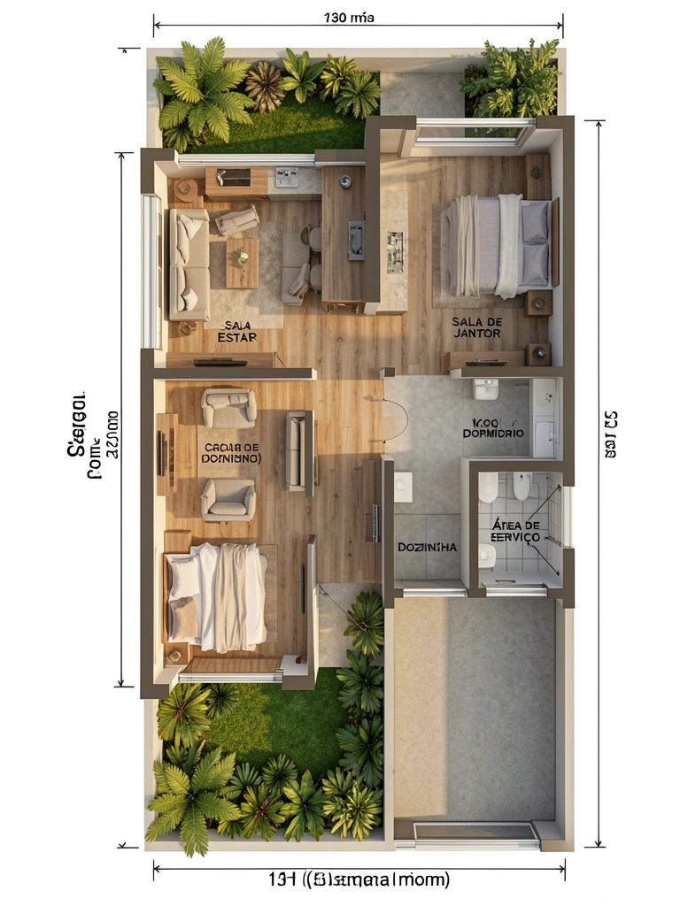 Planta baixa detalhada da Casa Jasmim, 130 m², com sala, cozinha, quarto e jardim estreito, iluminada por luz natural que realça as dimensões e o layout contemporâneo.