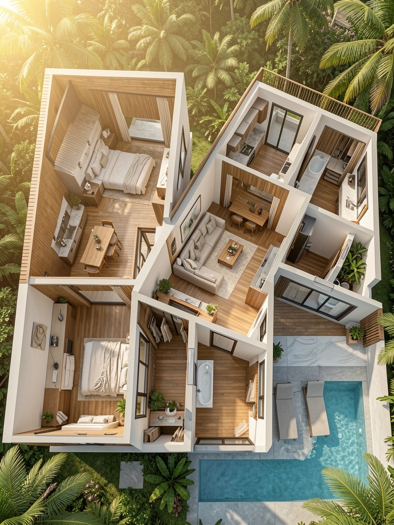 Planta baixa moderna de duas casas interligadas com grandes janelas, sofá seccional, mesa de jantar de madeira e piscina ao ar livre sob luz natural tropical.