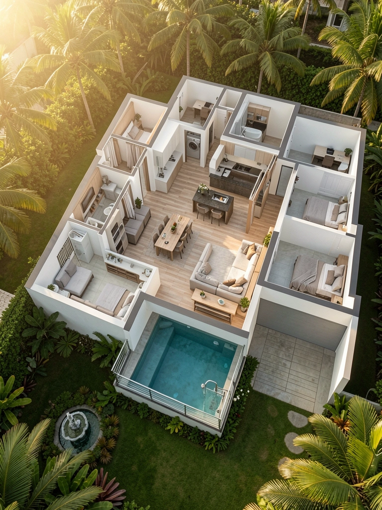 Planta baixa detalhada de casa moderna com suíte ampla, closet, varanda coberta com piscina e jardim com fonte, sob luz natural tropical.