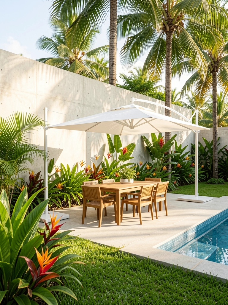 Pátio moderno com parede de concreto clara, grama verde, piscina azulejada e guarda-sol branco, sob luz solar filtrada por palmeiras.
