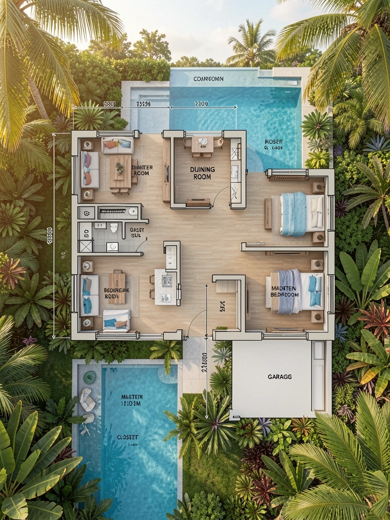 Planta baixa detalhada de casa de dois andares com piscina e área gourmet, tons neutros com detalhes azuis e verdes, luz natural e jardim tropical ao redor.