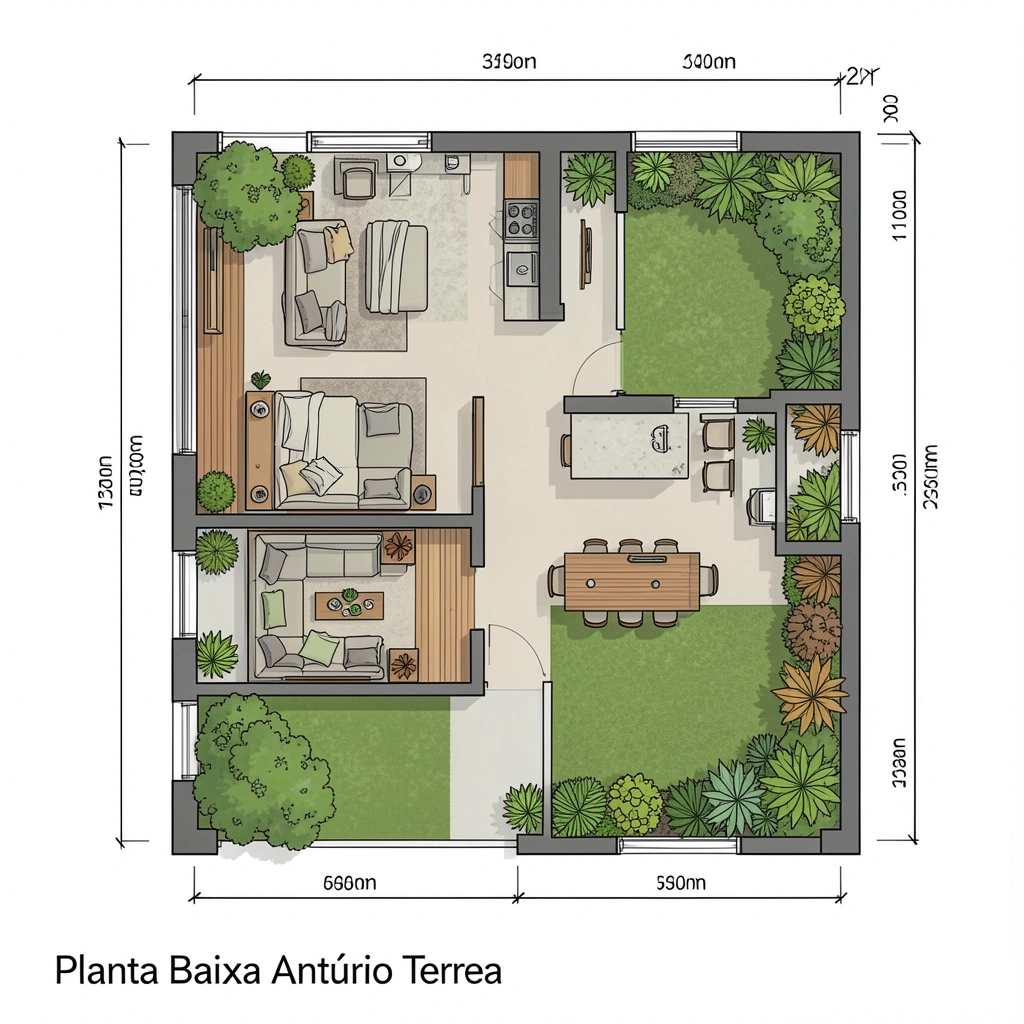 Planta baixa de casa moderna com living e cozinha integrados, grande janela, ilha central e jardim verde ao fundo, tons neutros e madeira.