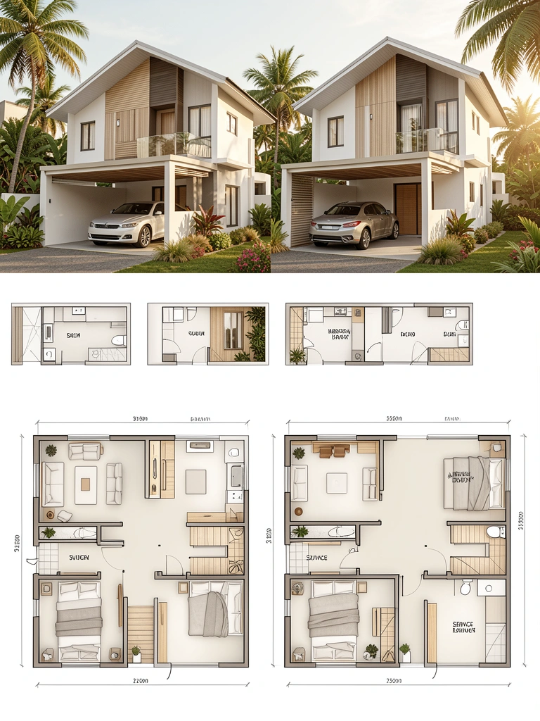 Luz natural incide sobre planta baixa de cinco casas modernas com garagem, varanda e suíte, tons neutros e madeira clara.
