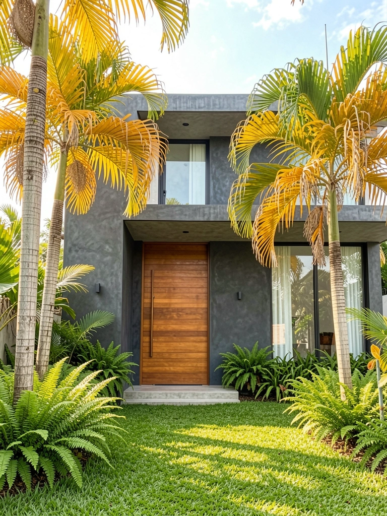 Casa moderna com fachada de concreto cinza escuro, porta de madeira ampla e palmeiras de folhas amarelas vibrantes, sob luz natural.