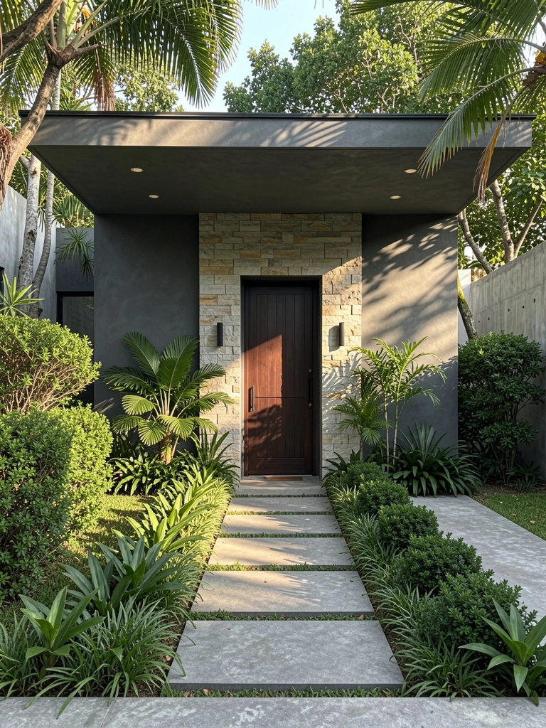 Casa de concreto com fachada cinza escura, porta de madeira escura e caminho de jardim estreito, luz natural filtrando pelas folhas.
