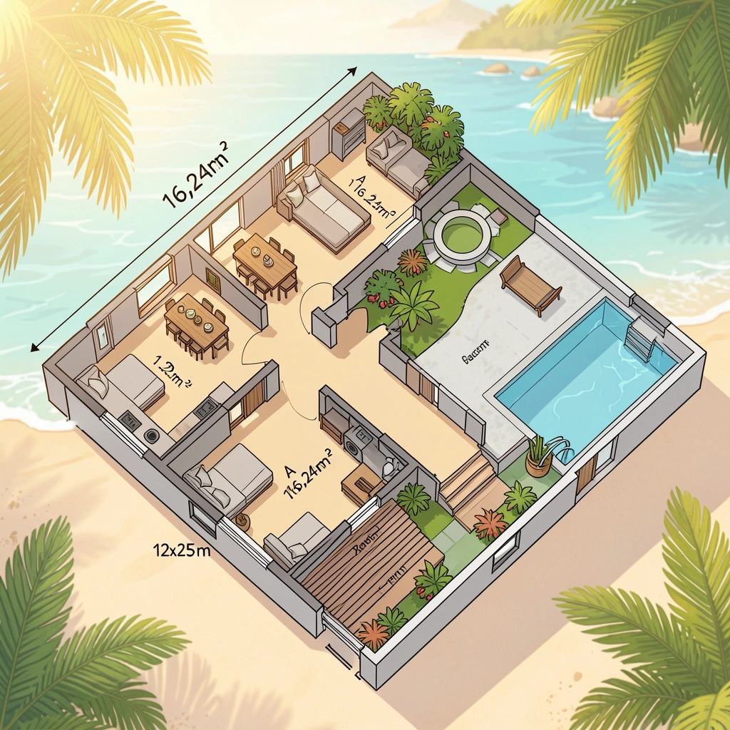 Planta baixa isométrica de casa 12x25m com duas suítes (16,24m² cada), piscina, garagem e jardim, luz natural tropical.