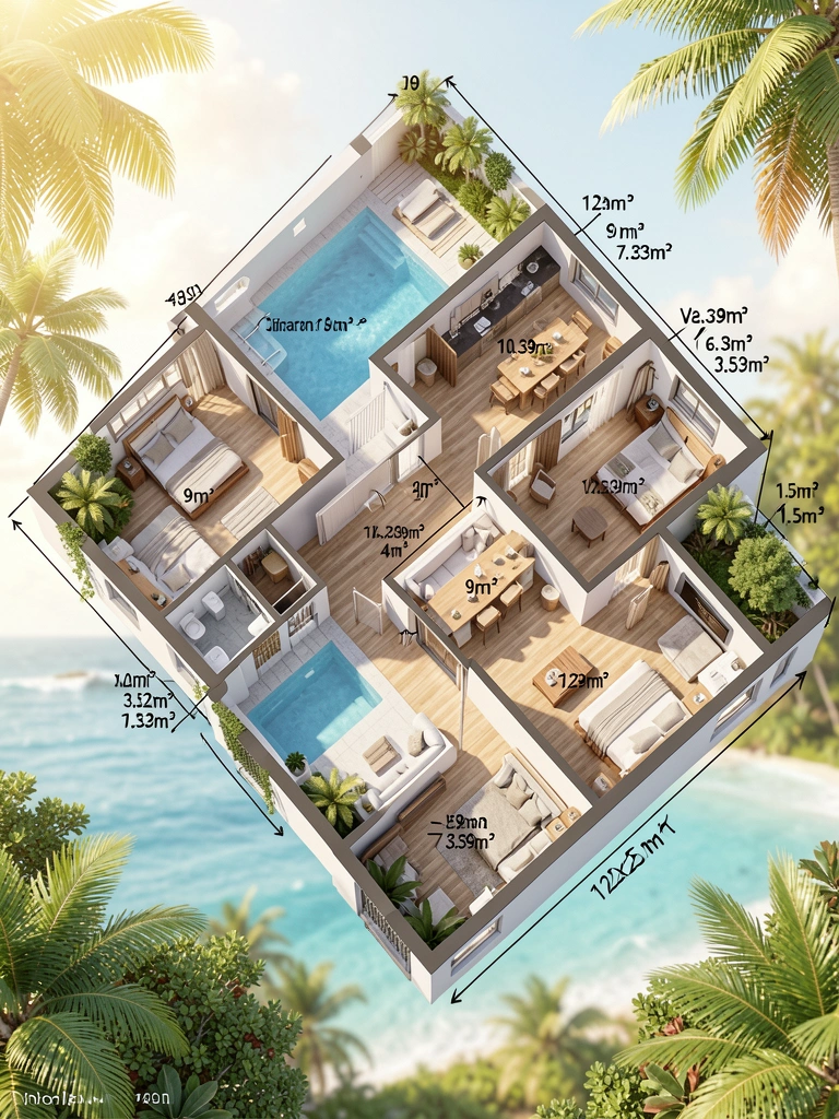 Planta baixa isométrica de casa moderna com piscina, cozinha e sala de 29m², luz natural e fundo tropical.