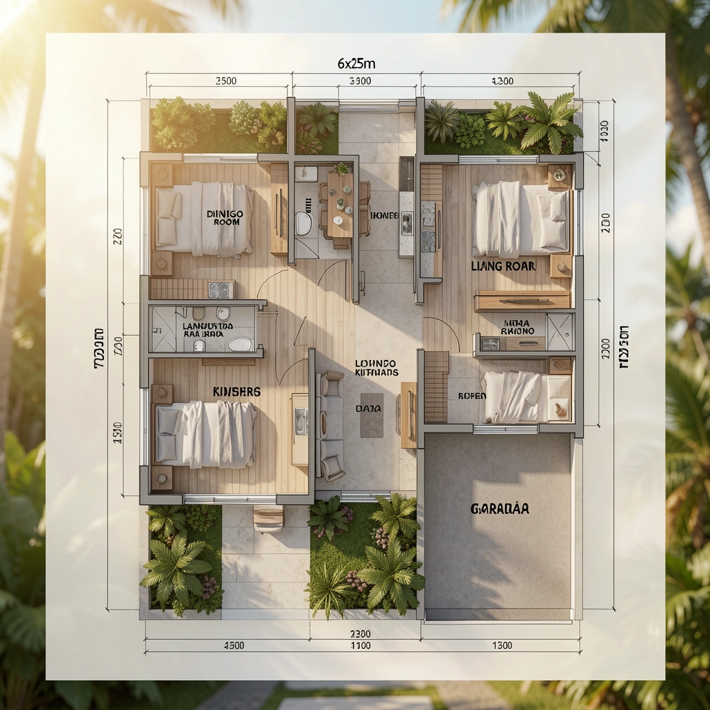 Planta baixa detalhada de casa 6x25m com duas suítes, sala de jantar, cozinha e garagem, linhas precisas e medidas sob luz natural