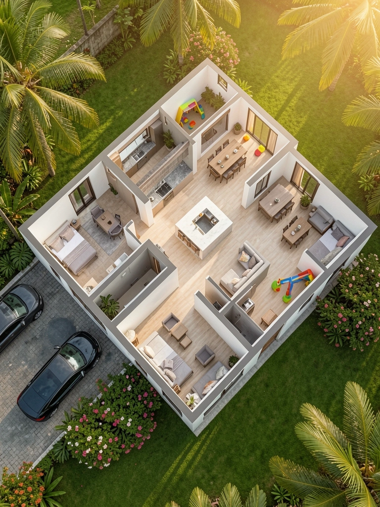 Planta baixa detalhada de casa 12x30m, cozinha com ilha central, sala ampla com mesas e área externa verde, luz natural intensa.
