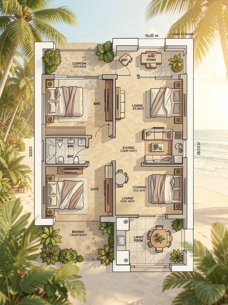 Planta baixa detalhada de casa de 10x20m com dois quartos, área gourmet, sala e cozinha, sob luz natural e fundo tropical.