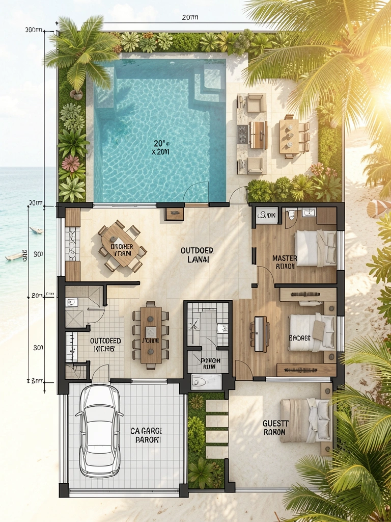 Planta arquitetônica detalhada de área externa com piscina infinita retangular, cozinha externa com churrasqueira embutida e varanda coberta, sob luz natural tropical.