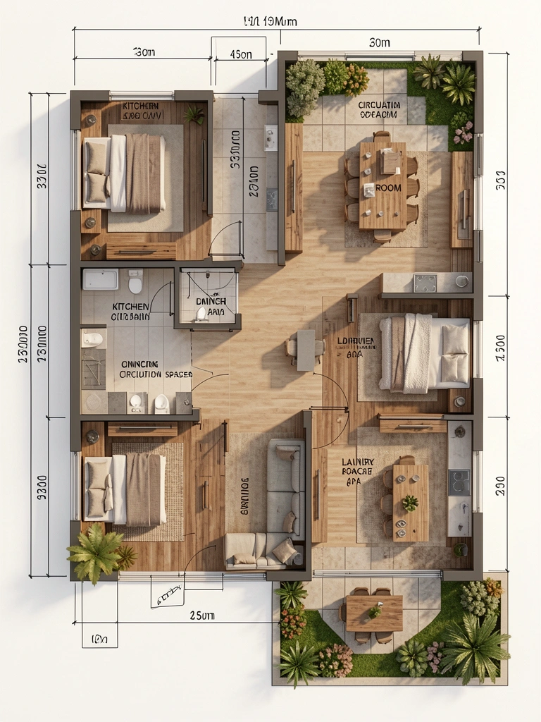 Planta baixa residencial detalhada com iluminação natural destacando texturas de madeira e cerâmica, mostrando quarto, sala, cozinha, áreas externas e medidas precisas.
