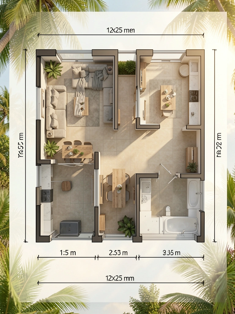 Planta baixa detalhada de 12x25 metros com sala, cozinha e garagem, escala 1:50, luz natural e piso neutro.