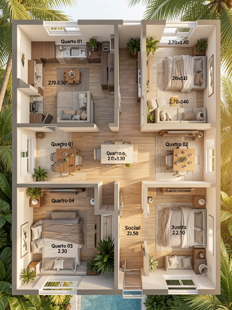 Luz natural filtrada por janelas ilumina planta baixa detalhada com quatro quartos, cozinha, sala e área de jantar, destacando as dimensões de cada cômodo e a disposição dos móveis.