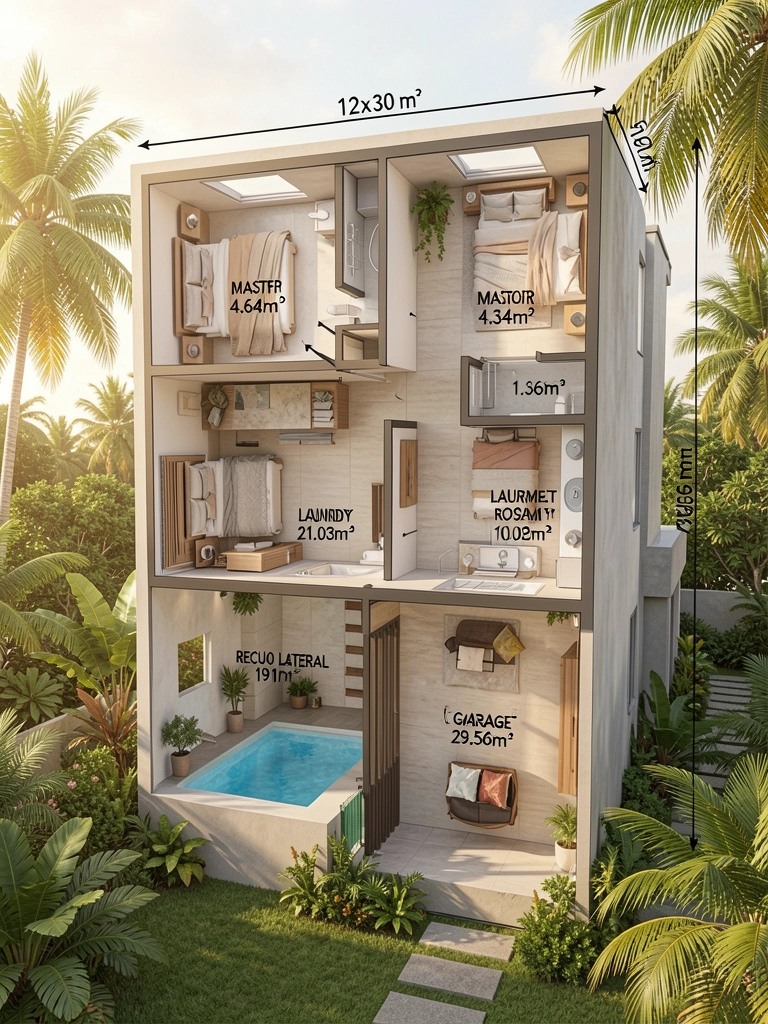 Planta baixa detalhada de casa moderna 12x30m com 191m², destacando suíte master 4,64m², banheiro 4,34m², closet 1,36m², lavanderia 1,92m², área gourmet 21,03m², piscina 10,00m² e garagem 29,56m², sob luz natural tropical.