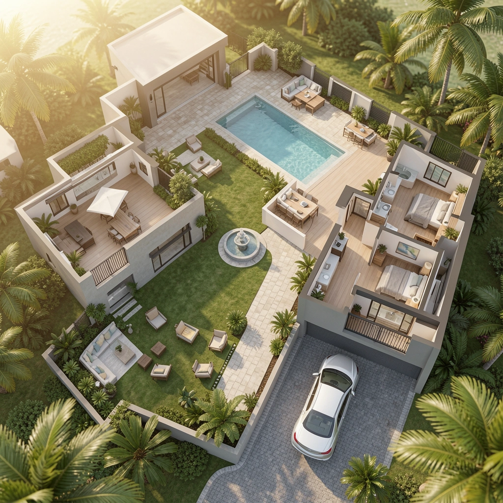 Planta baixa detalhada de casa moderna com piscina grande, pátios, garagem para dois carros e áreas internas amplas, sob luz natural tropical.
