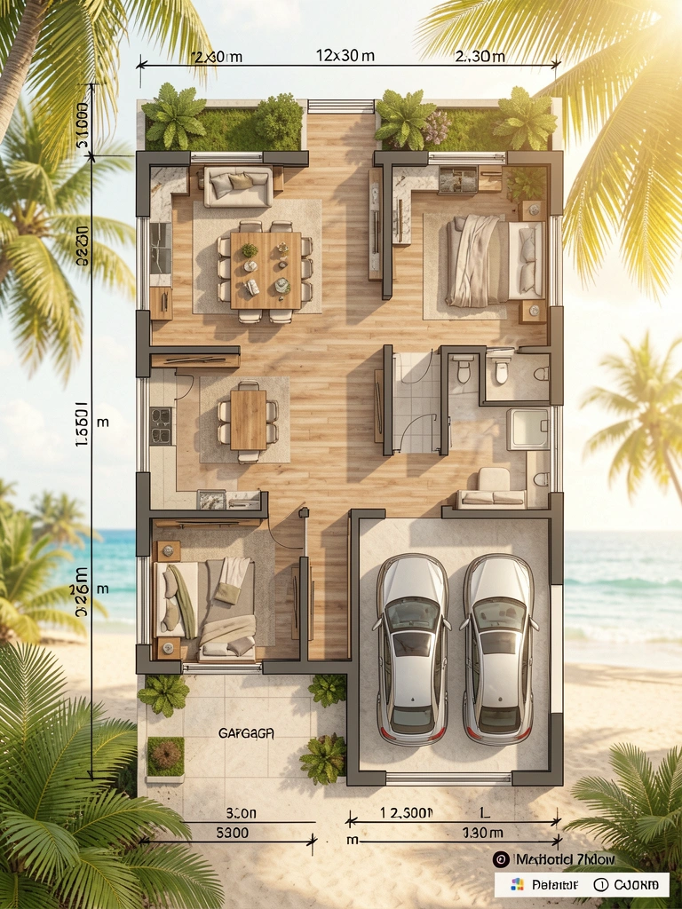 Planta baixa detalhada de lote 12x30m com sala, cozinha, dois quartos, banheiros e garagem para dois carros, sob luz natural tropical.