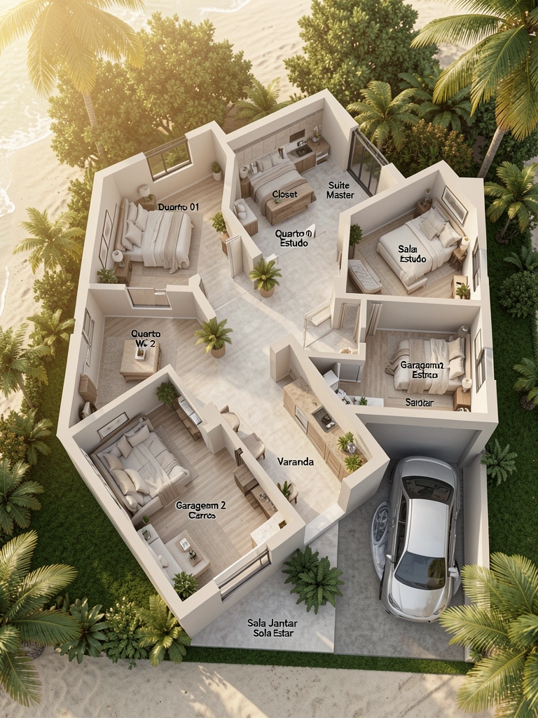 Planta baixa 3D em tons neutros com quatro quartos, sala, cozinha e garagem para dois carros, luz natural e fundo tropical.