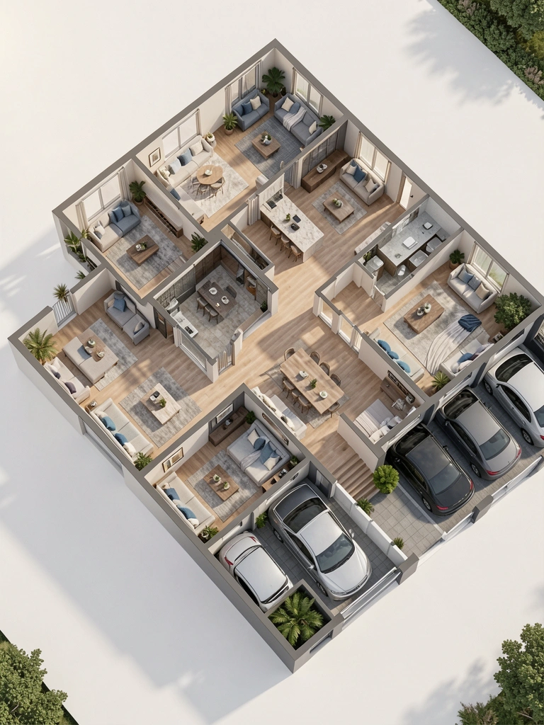 Planta baixa isométrica de casa moderna com 225m², 4 suítes e 4 vagas, tons neutros com detalhes azuis e cinzas, luz natural destacando o layout aberto.