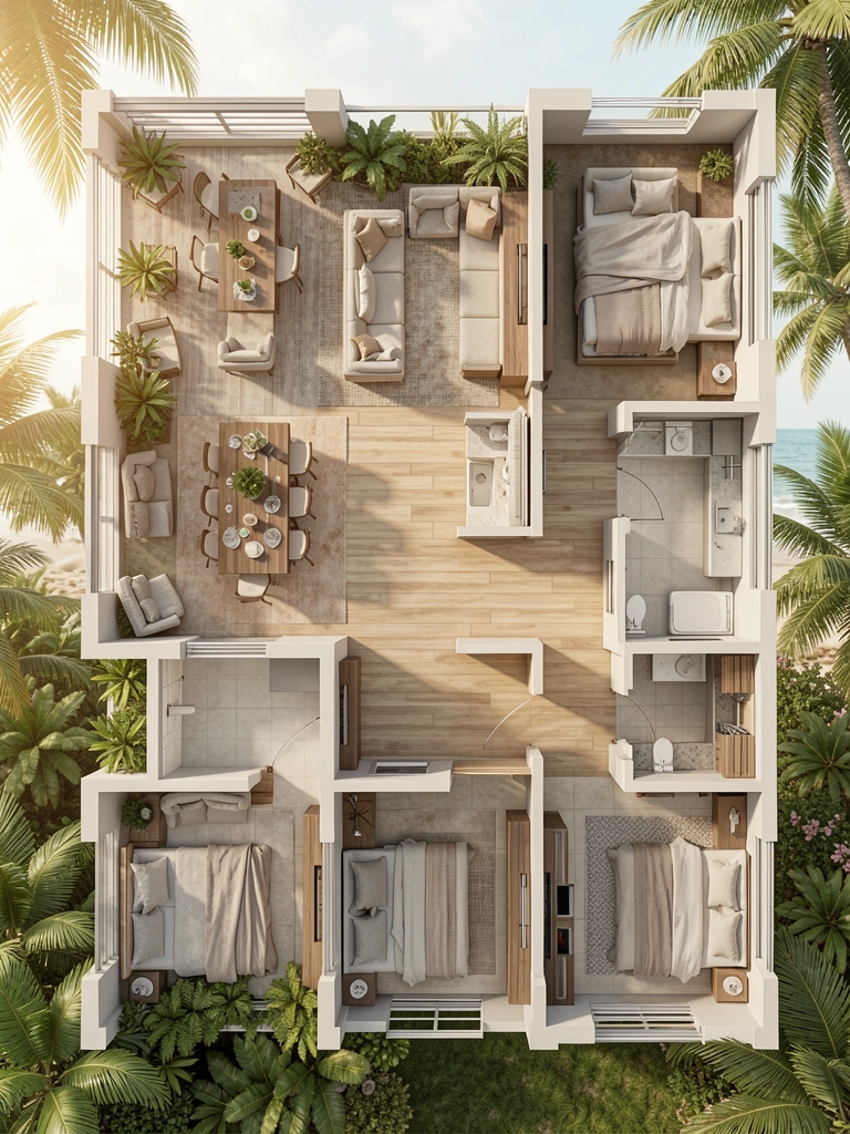 Planta baixa detalhada com varanda espaçosa, sala de estar ampla e suíte com cama de casal, sob luz natural tropical.