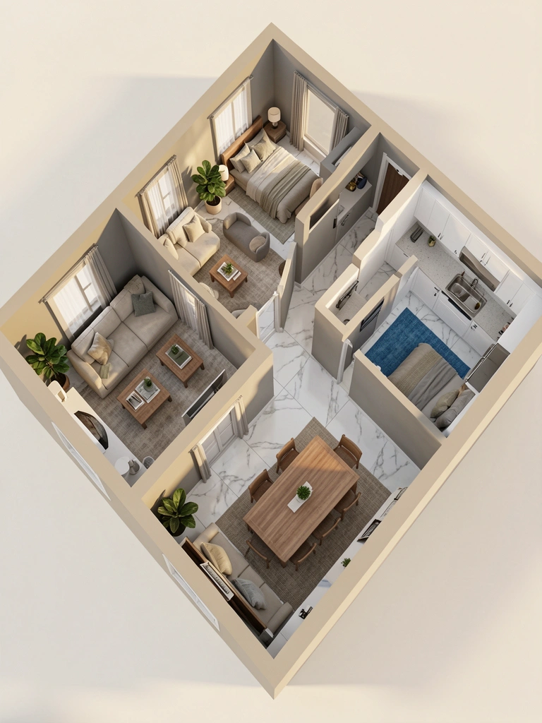 Mármore branco no piso, paredes bege e cinza, sofá amplo e mesa de centro na sala, cozinha com armários claros e tapete azul no corredor.