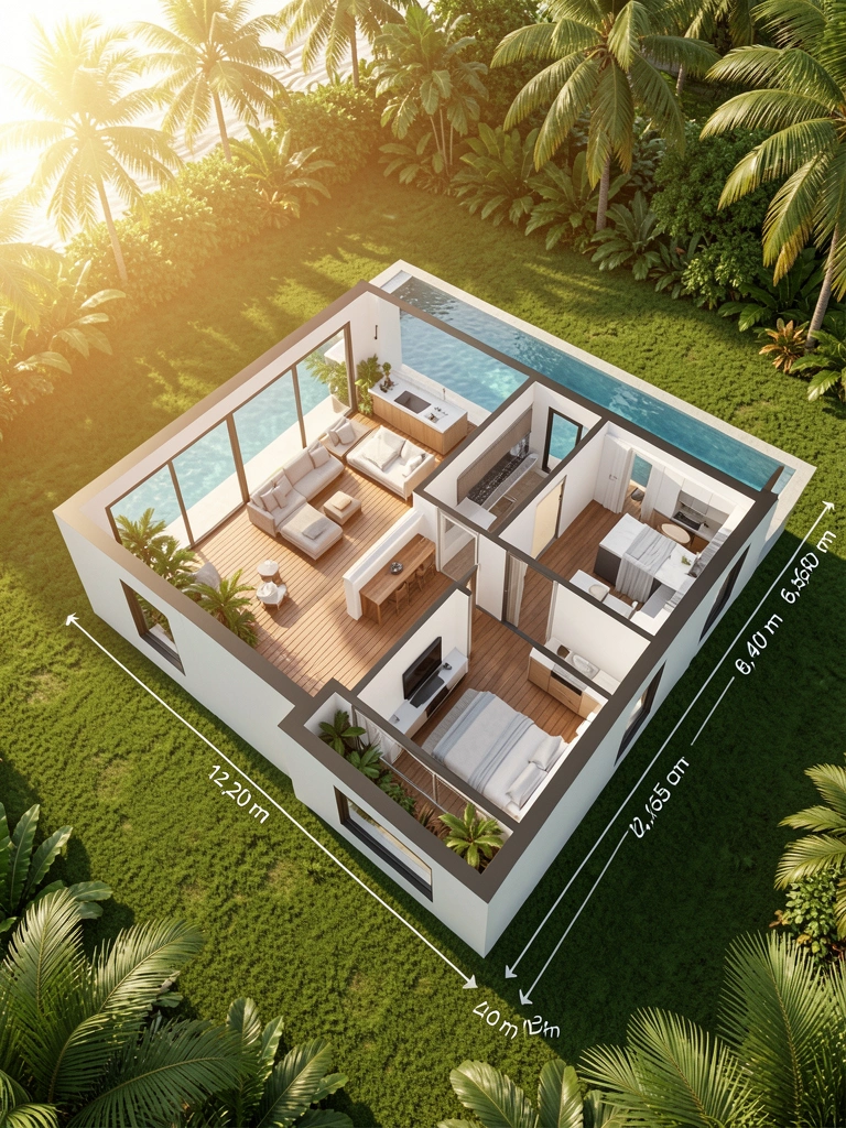 Planta baixa moderna com sala ampla, janela voltada para piscina, cozinha minimalista e gramado verde ao redor.
