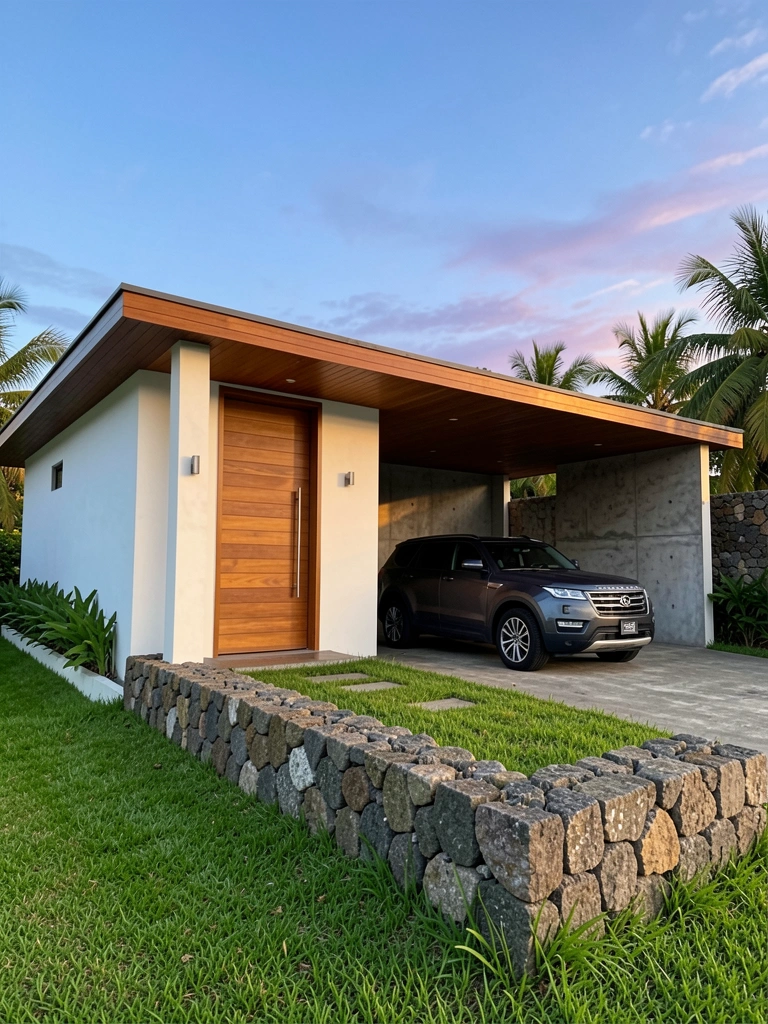 Casa minimalista com porta de madeira e garagem de concreto, grama verde e um SUV escuro estacionado, céu crepuscular com tons azuis e roxos.