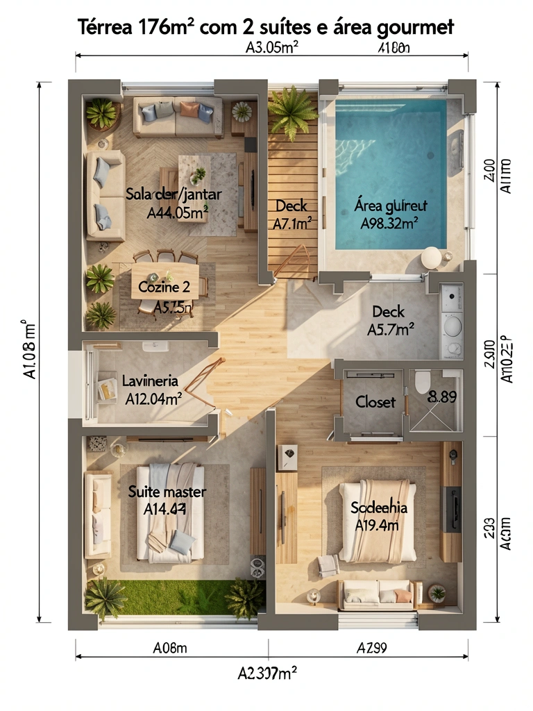 Planta baixa detalhada de casa térrea com áreas gourmet e piscina, luz natural destacando geometria e dimensões dos cômodos.