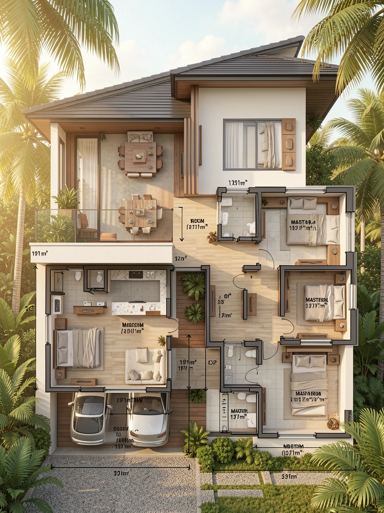 Planta baixa detalhada de casa moderna de dois andares com 191m², mostrando sala, cozinha, suíte e garagem, sob luz natural diurna.