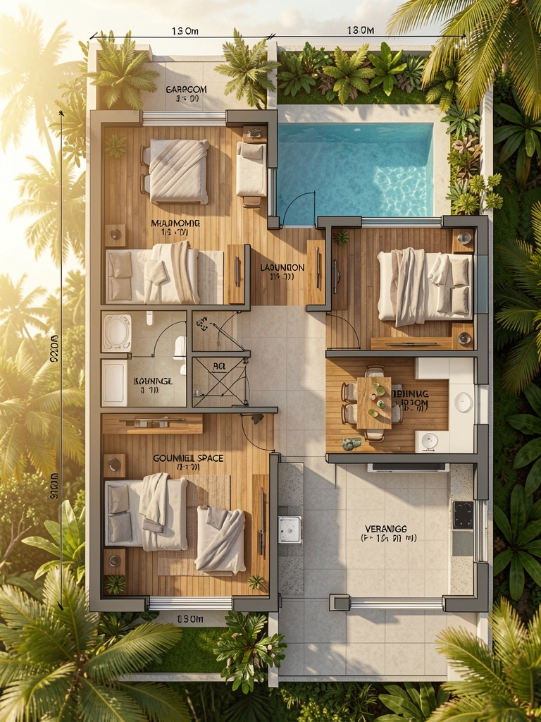 Planta baixa detalhada de casa moderna com piscina, quatro quartos, suíte master, sala de jantar e cozinha, piso de madeira e luz natural.