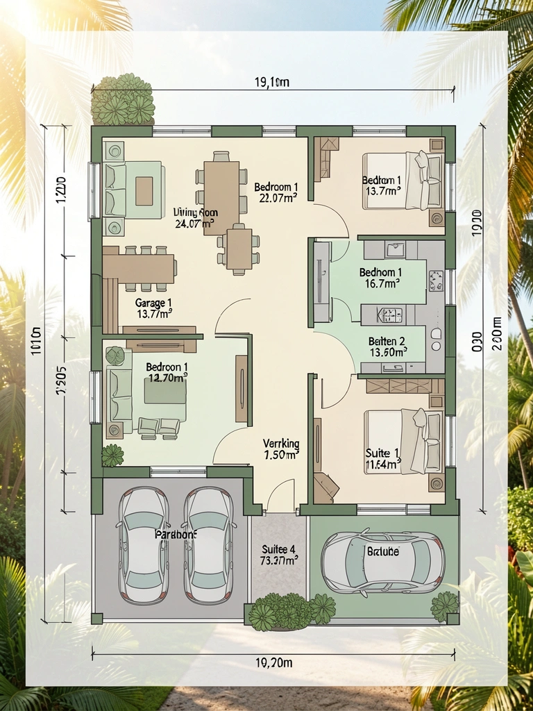 Planta baixa detalhada de casa campo 290m² com 4 vagas, sala 24m², cozinha 16m², suítes, varanda 7,5m², luz natural, tons neutros e verde claro.