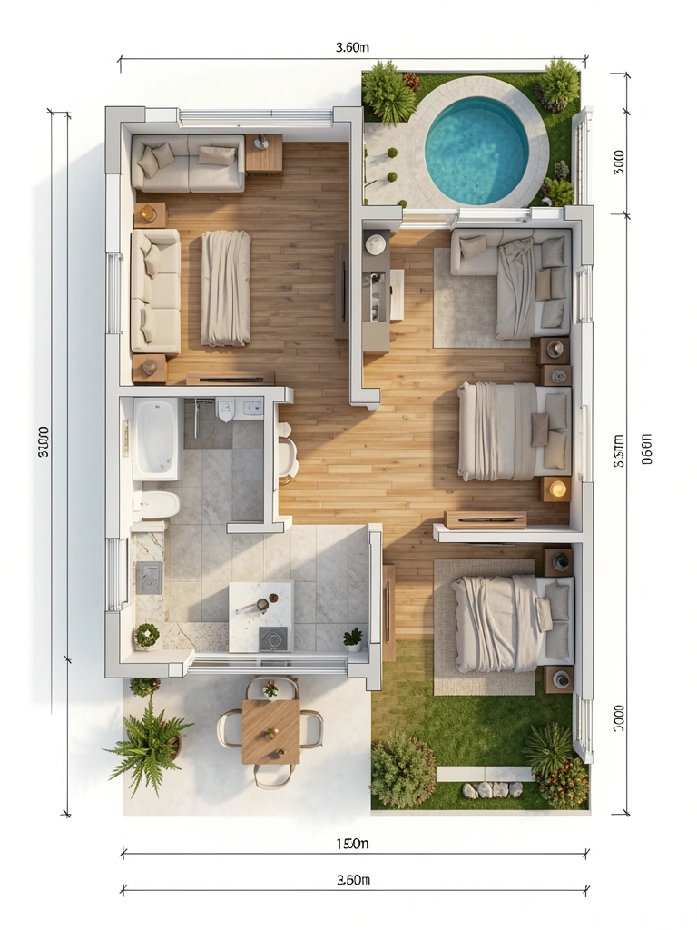 Planta baixa de casa moderna com piso de madeira, piscina circular no pátio e sofás na sala ampla iluminada por luz natural.