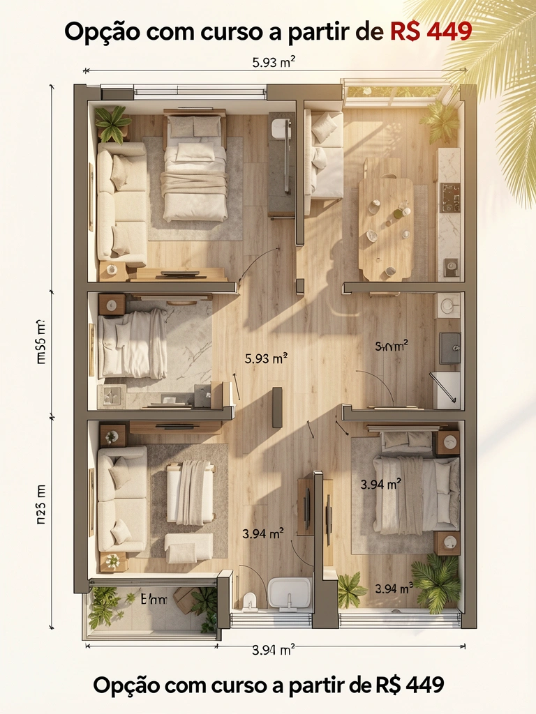 Planta baixa de apartamento moderno com medidas em metros, luz natural destacando cômodos como sala, cozinha e varanda.