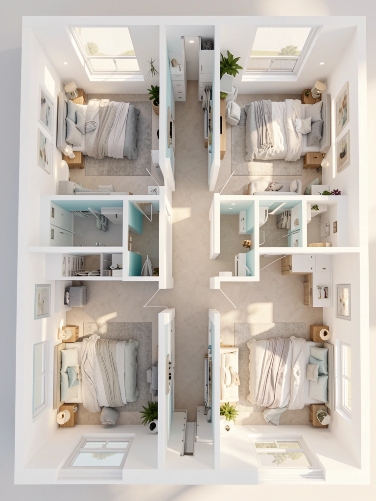 Planta baixa 3D de casa moderna com quatro quartos, janelas amplas e claraboia, paleta branca com detalhes em azul claro e cinza, luz natural entrando pelas janelas.