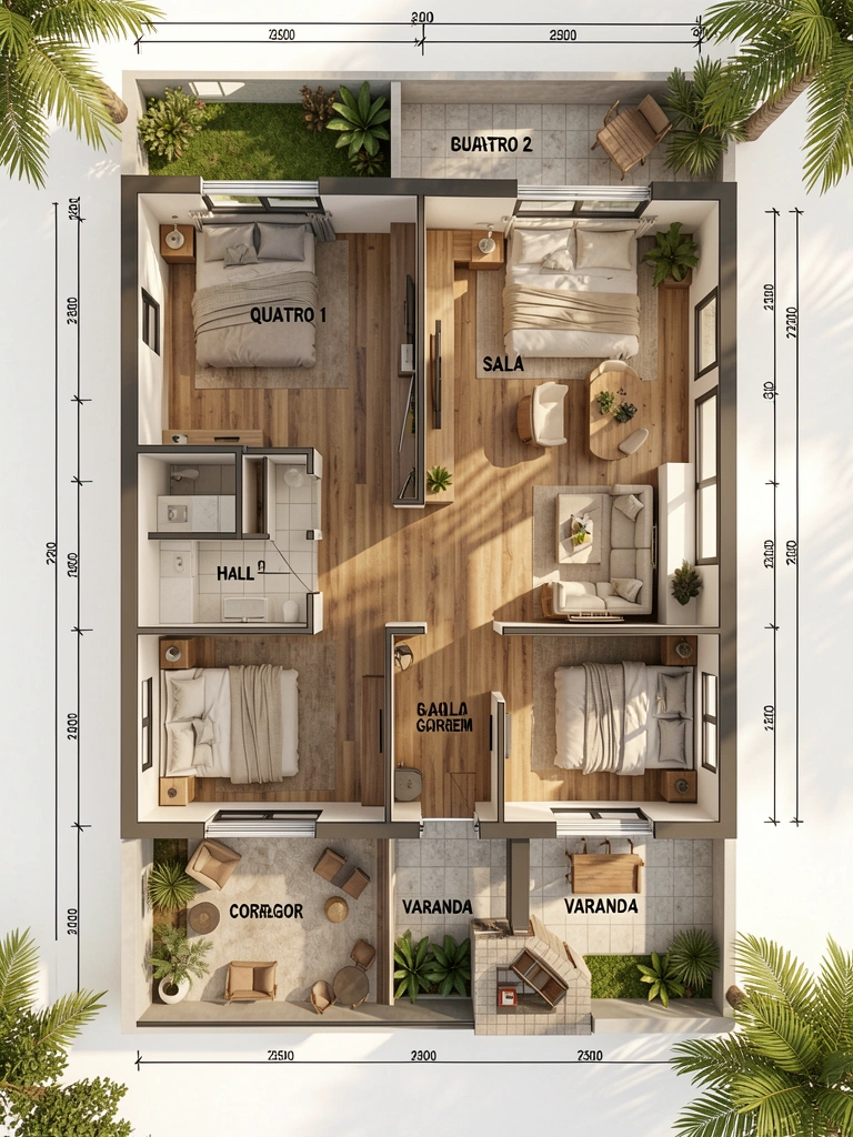 Planta baixa detalhada de casa moderna com quartos, sala, garagem e varanda, sob luz natural filtrada por janelas.