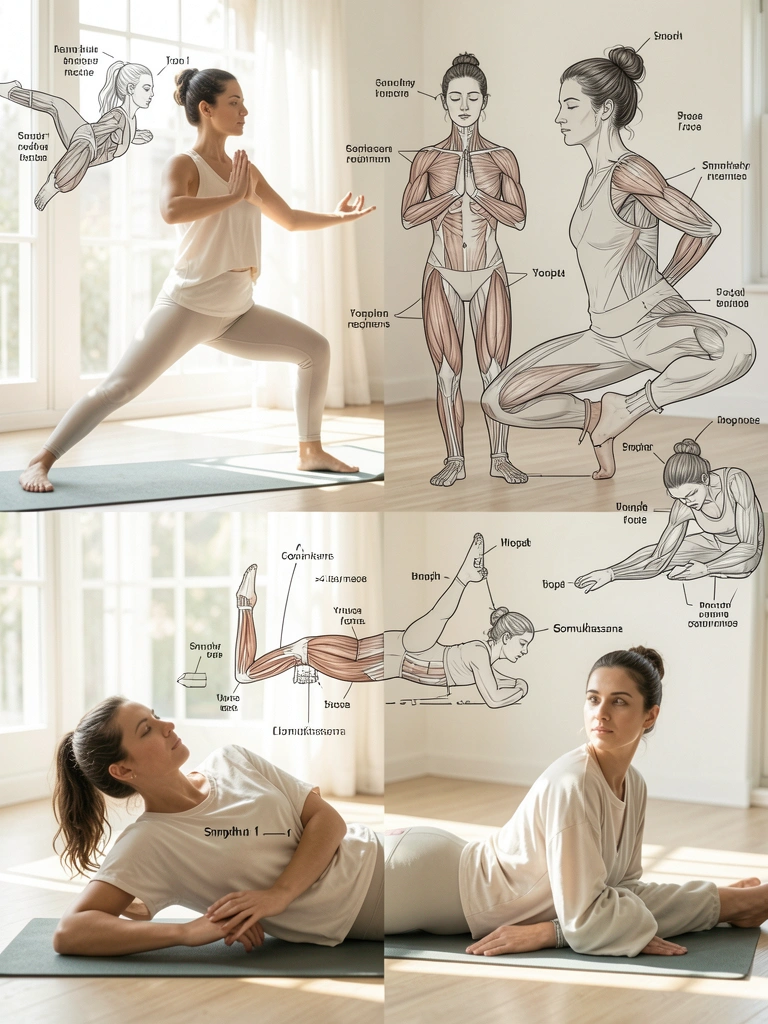 Luz natural incide sobre mulher em posturas de yoga em sala clara, com ilustrações anatômicas sobrepostas destacando alinhamento e grupos musculares.