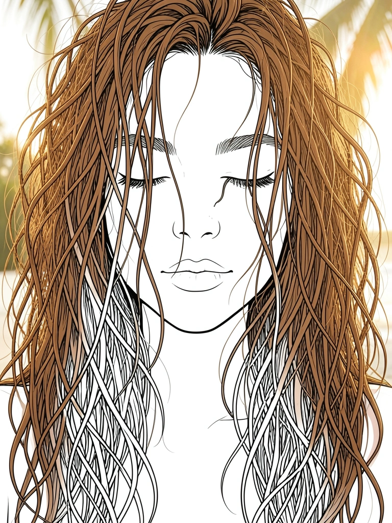 Jovem com cabelo castanho seco e frisado, fios sobre o rosto, cílios com um fio preso, luz natural difusa, fundo tropical desfocado.