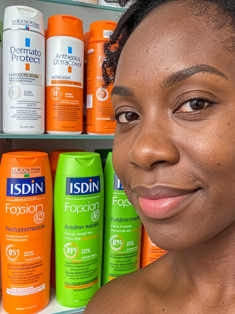 Mulher de pele escura com sorriso sutil em frente a frascos de protetor solar Isdin em laranja e verde, iluminação natural realça texturas.