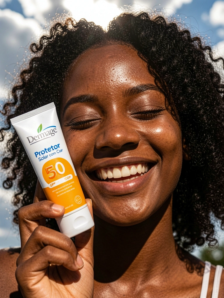 Jovem de pele escura e cabelos crespos, sorrindo com olhos fechados sob luz solar intensa, segurando protetor solar Dermage FPS 50 com foco nítido no rosto e no produto.